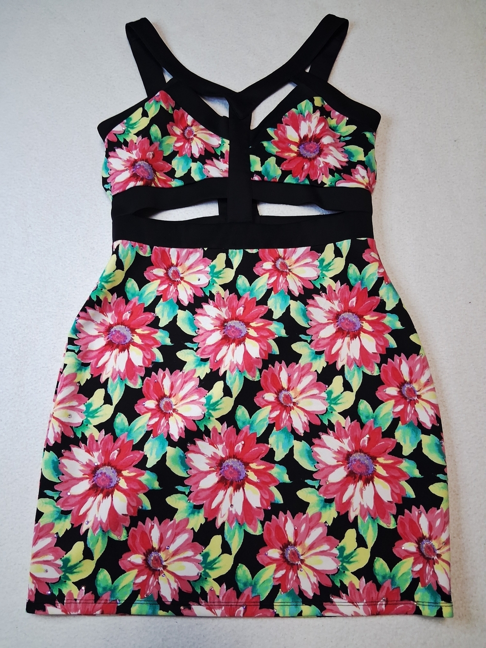 Black Floral Cutout Bodycon Dress with Pink & Green Blooms